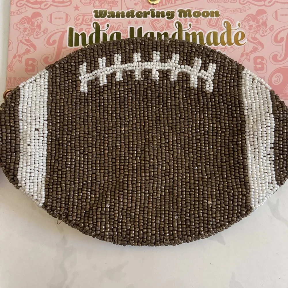 New Wandering Moon Football Glass Beaded Bag Clutch Game Day Pouch Tassel Sports